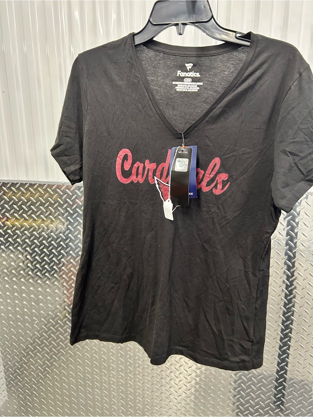 Fanatics Black V-Neck Cardinals Script Tee with Red Graphic
